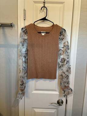 Maeve by Anthropologie Tan Cable Knit Sweater with Sheer Floral Organza Sleeves